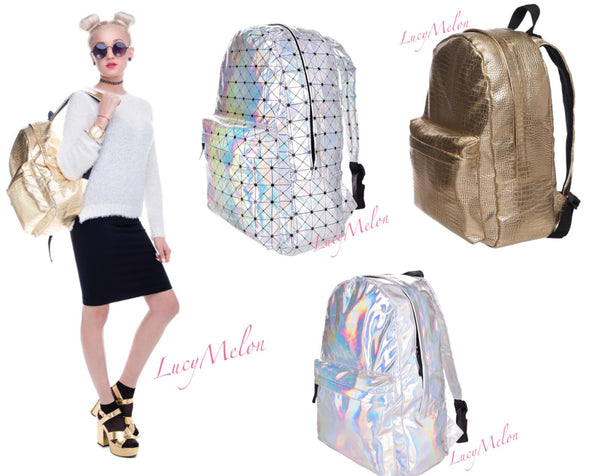 Designer Gold Silver Radiant PU Leather Backpack shoulder bag Fashion Gym VSCO