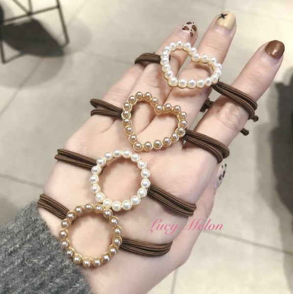 Hair Band Ties Rope Elastic Scrunchies Women Girls Accessories brown heart pearl