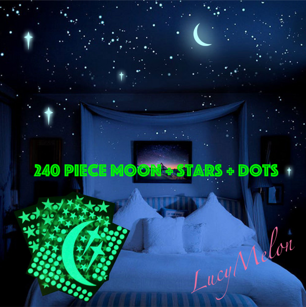 240 Pc Skinny Moon + Stars + Dots Glow in the Dark